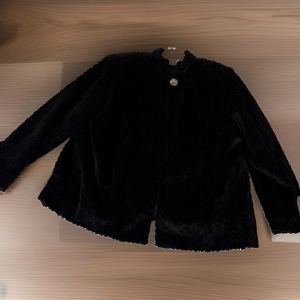 Vintage Laura Ashley Petite Black Polyester Plush Swing Jacket Size PM